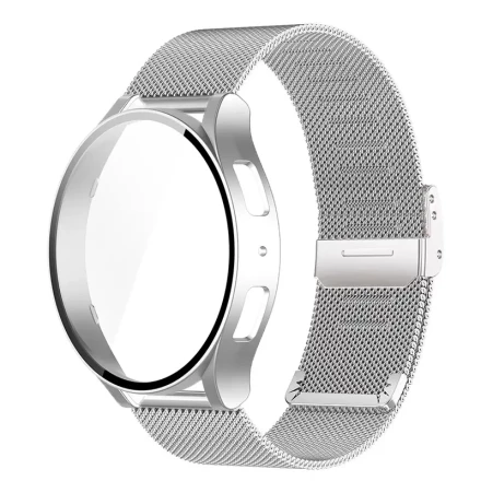Stainless Steel Mesh Watch Strap And Protective PC Case for Samsung Galaxy Watch 7 FE 6 5 4 (44Mm/40Mm), Featuring Scratch-Resistant Tempered Glass. A Perfect Gift for Couples.