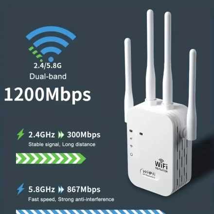 WiFi Extender, Signal Booster, Boost Your Signal to 300Mbps WiFi 2.4 & 5GHz Dual Band (8500 Square Feet), Strong Signal Penetration, Supports 35 Devices, 4 Modes, 1-Tap Setup, 4 Antennas for 360° Coverage, Ethernet Port Supported.