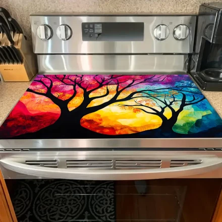 1pc Colorful Tree Pattern Stove Cover Mat - Vibrant Anti-Slip Polyester Kitchen Protector, Artistic Home Decor for Stovetop and Countertops, Stove Top Protectors