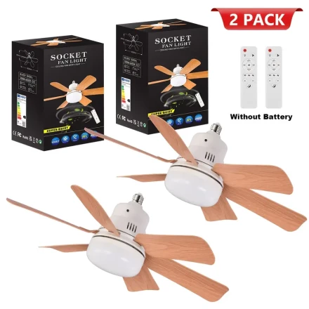 Two LED Smart Ceiling Fan Lights with Remote Control, Featuring Six Wooden Patterned Square Blades, Compatible with E26/E27 Socket Fan Lights, Adjustable Lighting And Three-Speed Fan Settings, Easy to Install, Suitable for Living Rooms, Bedrooms, Kitchens