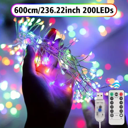 USB Powered LED Fireworks String Lights, 8 Flashing Modes, Remote Control, Ideal for Christmas Tree, Wedding, Valentine'S Day Decor, Options 50/100/200 LEDs, Smart LED Strip Lights, 36V Max Voltage, No Battery Included