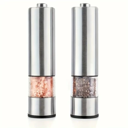 2-Pack Stainless Steel Electric Salt and Pepper Grinders, Battery Operated with LED Light, One-Handed Automatic Spice Mill, Adjustable Coarseness, Kitchen Gadgets Without Batteries