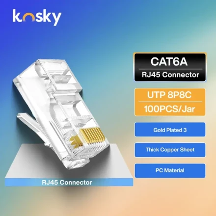 100pcs Kosky Cat 6A RJ45 Ethernet Connectors - Golden Plated, Thick Copper Sheet, PC Material, Compatible with Almond, UTP/8B8C Connection Type, Jar Modular Plugs for Network Cables