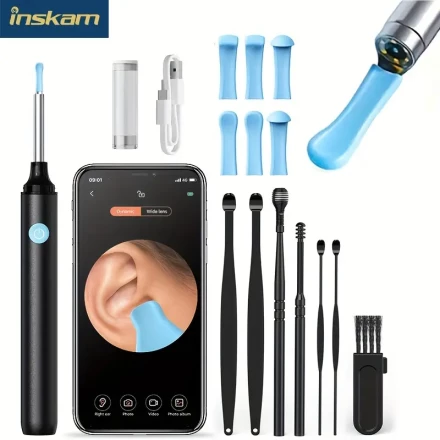 Inskam 7pcs Visual Ear Cleaning Tool Set with Camera, LED Light, 170mAh Rechargeable Lithium Polymer Battery, USB Dual Use, Safe & Easy Earwax Removal Kit for Home Use