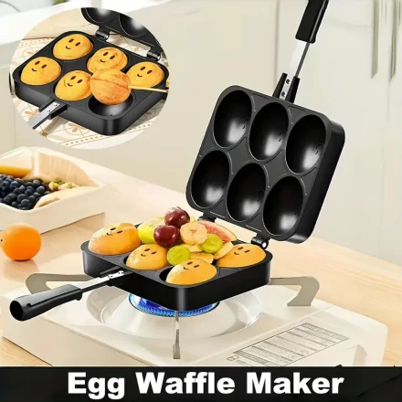 Aluminum Alloy 6-Cup Double-Sided Egg Waffle Maker, Non-Stick Pancake Pan, Uncharged, No Battery Required, for Home Cooking and Outdoor Activities