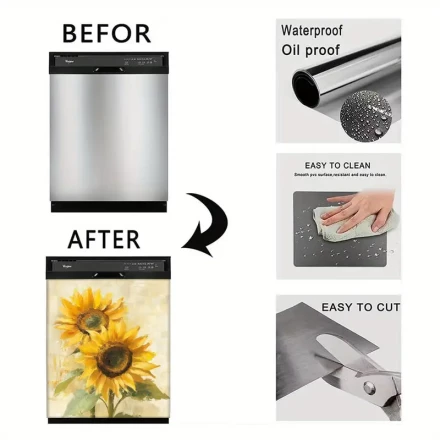 Sunflower Design PVC Dishwasher Trim Kit - Magnetic Decal Door Cover for Refrigerator, Fridge Magnet Stickers for Home Appliances Decor