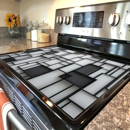 1pc Modern Square Patterned Stove Cover Mat, Polyester Anti-Slip Heat Resistant Protective Cover for Stovetop and Desktop, Vibrant Black and White Geometric Design Kitchen Accessory, Home Decoration, Kitchen Protection Mat | Decorative Stove Cover | Durab