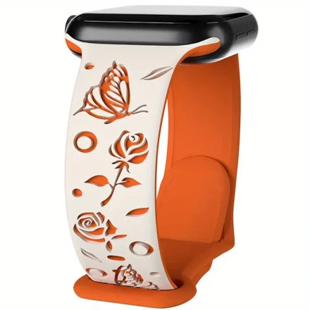 Silicone Floral Engraved Smartwatch Bands, Water-Resistant Butterfly Pattern Straps Compatible with iWatch Series 1-8 & SE, Ultra - Secure Butterfly Clasp Closure, No Battery