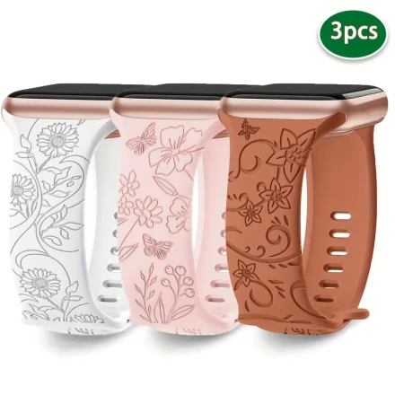 3pcs Floral Engraved Silicone Sport Bands for iWatch - Waterproof, Soft Touch Straps with Butterfly Clasp for Men & Women, Fits Series SE/9/8/7/6/5/4/3/2, 38/40/41mm & 42/44/45/49mm, Wildflowers, Compatible