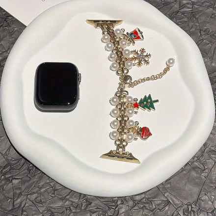 Festive Christmas-Themed Adjustable Metal Watch Band for Apple Watch Series 10/8 Ultra, Fits 40mm-49mm, Holiday Charm Design with Santa Claus, Snowman & Candy Cane Decorations, Aluminum Alloy Buckle, Synthetic Synthetic Leather Material, Christmas Jewelry