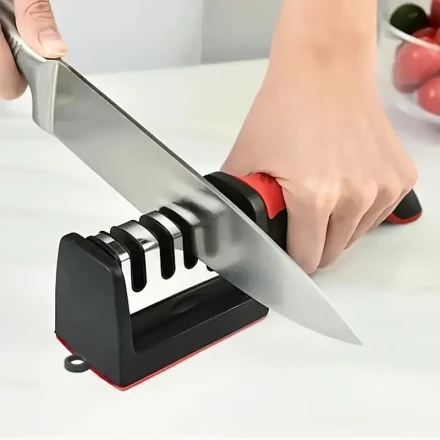 1pc Versatile 4-Stage Manual Knife Sharpener with Tungsten, Diamond, and Ceramic Stones - Ideal for All Kitchen Knife Types, Black and Red Base