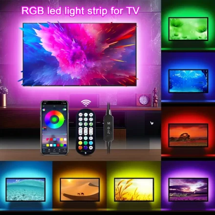 RGB LED TV Backlight Strip, Dimmable Multi-Color, USB Powered, Wireless 2.4G Remote & App Control, Non-Waterproof, Built-in Mic, for Home Theater, Gaming, Indoor Ambiance Lighting, 2-5m (Remote Excludes Battery)