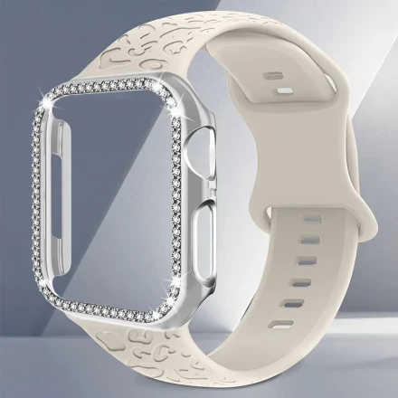 2-in-1 Silicone Strap & Sparkling Diamond Case for iWatch - Waterproof, Comfort Fit Band 40mm/41mm/44mm/45mm, Compatible with Series 9/8/7/6/5/4