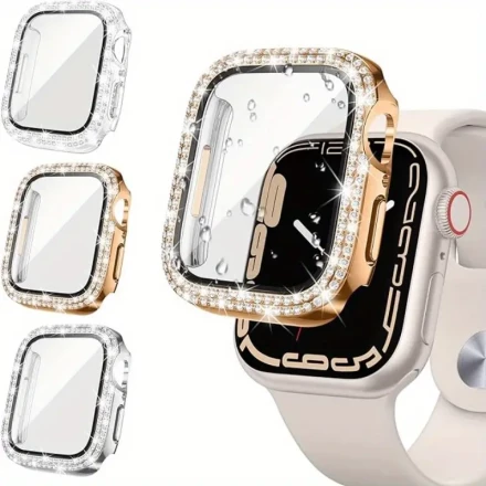3pcs Double Bling Case Compatible for Apple Watch 46mm 42mm 40mm 44mm 41mm 45mm with Tempered Glass Screen Protector Crystal Diamonds Bumper Hard PC Cover for iWatch Series 10 9 8 7 6 5 4 SE
