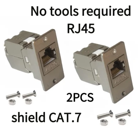 One Piece, Two Pieces of Black And Silver Shielded RJ45 CAT.7 Connectors with Screws, Tool-Free Metal Zinc Alloy Panel for Computer Network Adapters.