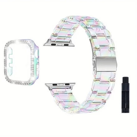 Shimmering Clear Watch Band with Glitter Bling Case for iWatch Series 10 Ultra SE 9 8 7 6 5 4 3 2 1 Rainbow Acrylic Watch Strap Wristband for iWatch 46mm 49mm 45mm 44mm 42mm 41mm 40mm 38mm Women & Girls - Durable Bumper Cover, Stainless Steel Buckle