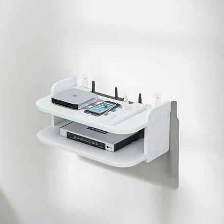 Versatile No-Drill Wall Mount Organizer - PVC Storage Rack for Routers, Mini Projectors, DVD Players, Gaming Consoles & Smart Speakers