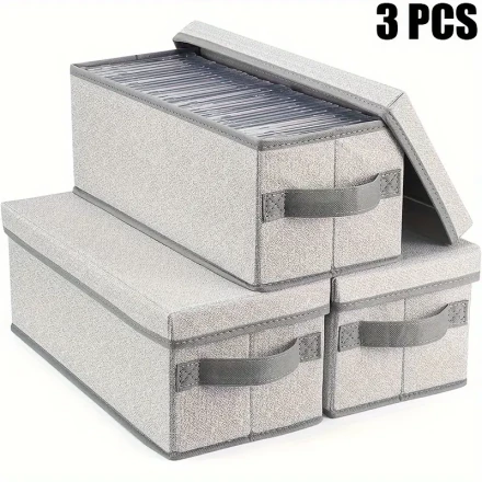 3pcs Compact Fabric CD/DVD Storage Boxes with Lids & Handles - Brushed Finish, Multi-Purpose Organizer for Home, Office, Car - Holds 165 Discs