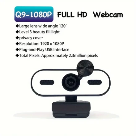 EXHQDR Q9 1080P HD Webcam with Touch Control Beauty Lighting, Noise-Canceling Mic, and AI Fixed Focus - Perfect for Video Calls, Streaming, Online Classes | USB Plug & Play | Wide 120° Lens