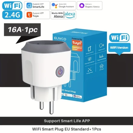 Elivco Tuya WiFi Smart Plug ELC-SP01 16A, EU Plug, Power Supply, 110V/220V, App Control, Wi-Fi, Non-Waterproof, Power Monitor, No Battery, Flush Mount