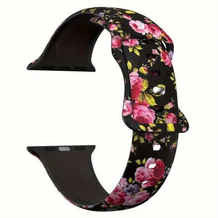 Floral Silicone Watch Band for Apple Watch: 9.6cm/3.77inch, 11.8cm/4.64inch-14cm/5.51inch, Flexible Soft, Skin-friendly, Compatible with Apple Watch SE, 7, 6, 5, 4, 3, 2, 1, and 8 series