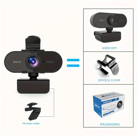 1pc 2024 Upgraded 1080P HD Webcam with Microphone, 30fps, 3D Noise Reduction, Auto Gain, 360° Rotatable, Plug & Play, Driver-Free, Privacy Cover & Stand, USB Powered, Automatic Exposure, Fixed Focus, No Battery Required, for Gaming, Video Conferencing, On