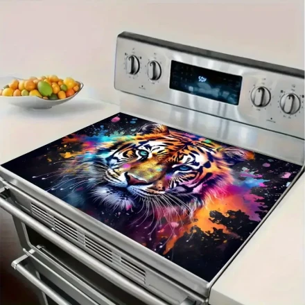 1pc Vibrant Tiger Print Gas Stove Burner Cover - High Temperature Resistant, Scratch-Proof, Easy to Clean, Stylish Polyester Design for Kitchen Decor, Cooktop Cover | Colorful Stove Cover | Easyclean Material, Stove Top Protectors