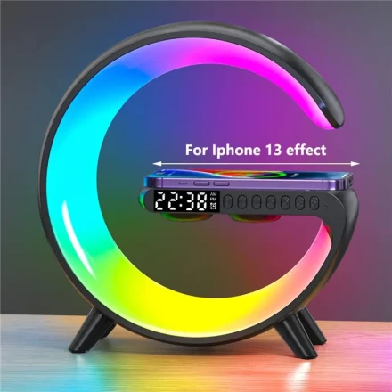 Big G Multifunction Wireless Charger Pad Phone Stand Speaker LED Smart Wake Up Light RGB Night Light with Wireless Speaker Fast Wireless Charger Desk Lamp for Bedroom Bedside Game Room for iPhone 16 15 14 13 12 Pro Max Samsung S23 S22