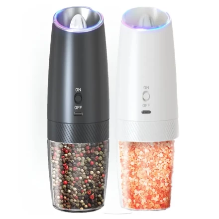 2pcs rechargeable electric pepper grinder set, gravity sensor switch and LED light, black and white combination, large capacity, USB charging, 5000rpm motor, gift for relatives and friends, easy one-handed operation