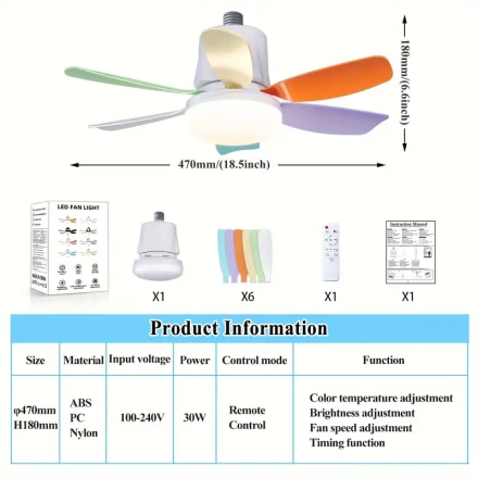 1pc Socket Fan Light, 46.99cm Screw Ceiling Fans With Lights And Remote, E26/E27 Base Easy Install Timing Ceiling Fan, 6 Fan Blades 3 Speed Wind, 3 Colors 3000-6500k Dimmable Led Smart Light for Bedroom, Kitchen, Living Room, Storage Room, Garage, Bathroo