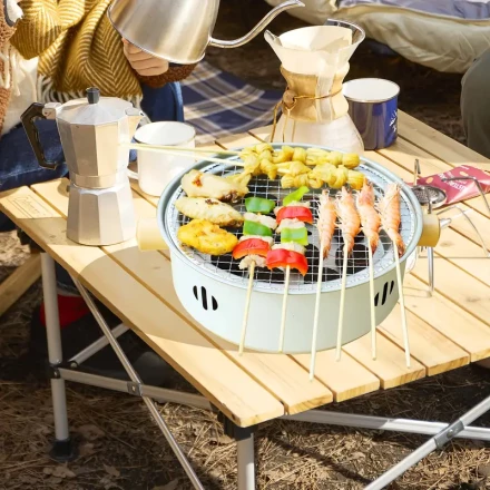 1set Stainless Steel Portable BBQ Grill Pan with Net, Compact Tabletop Charcoal Grill Stove, Iron Material, No Ignition Function, Uncharged, Kitchen BBQ Accessories