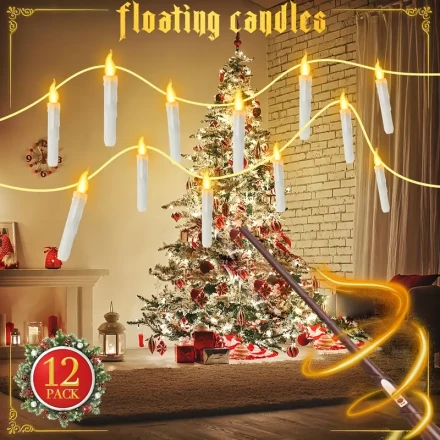 Boluoova 12-Pack LED Floating Candles with Remote, Flameless Flickering Warm Light, Battery-Powered Non-Waterproof Cone Candle Set for Home Decor, Halloween & Christmas - No Battery Included