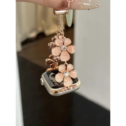 Elegant Twilight Orange Metallic Charm Bracelet Watch Band for Apple Watch Series 1-10, Ultra, SE, 38/40/41/42/44/45/46/49mm, Synthetic Leather & Aluminum Alloy, No Battery Required