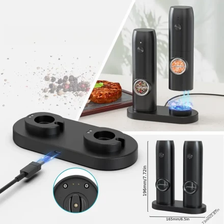 Electric Salt and Pepper Grinder Set, Rechargeable with USB Cable, LED Light, Ceramic Mill, Automatic Refill, Adjustable Coarseness, Single-Hand Operation, Black - Kitchen Gadget, Food Processor, Electric Spice Grinder
