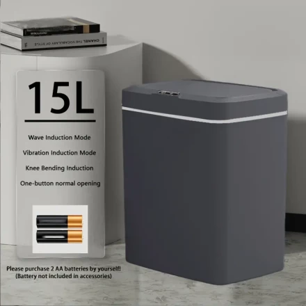 HOTU 14.99L Sleek Black Smart Trash Can with Motion Sensor - Ideal for Kitchen, Bathroom, Living Room - Battery Operated (2 AA Not Included)