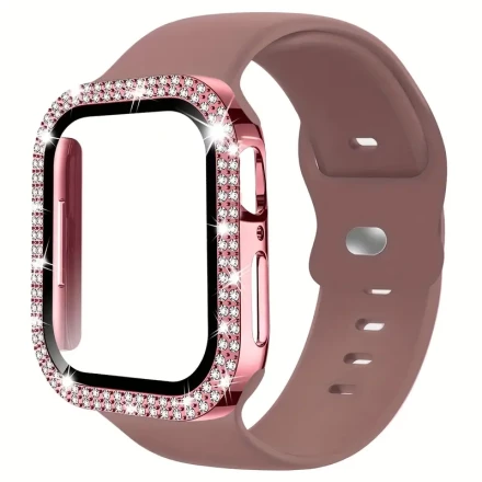 2pcs/set Soft Comfortable Silicone Sport Watch Strap & Bling Rhinestone Decor Anti-fall Screen Protector Ultra-Thin Tempered Film Watch Case, for Apple Watch Band 38/40/41/42/44/45/46mm, for Apple Watch Series SE/10/9/8/7/6/5/4/3/2/1, Intelligent Watch Ac