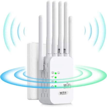 High-Coverage 1200m WiFi Extender, Signal Booster for Home up to 9000Sq.ft, Supports 45+ Devices, 360° Full Coverage with 6 External Antennas, Easy One-Tap Setup, Includes Ethernet Port, Office Wifi Booster | Sleek White Design | Robust Connectivity