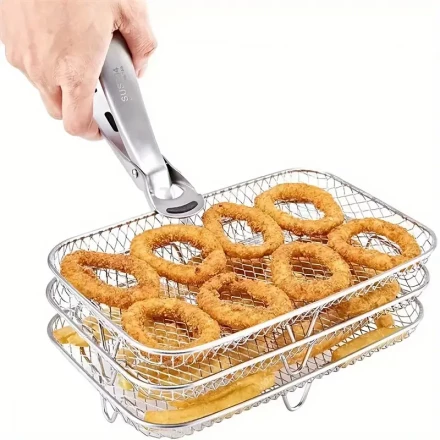 3pcs/SET 304 Stainless Steel Air Fryer Accessories, Microwave Rack, Stainless Steel Air Fryer Rack Multi-Functional Rectangular Grill, Suitable for Most Air Fryers, Air Fryer Rack, Stackable Grill, Non-Stick, Kitchen Accessories