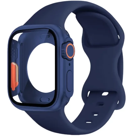 Soft Silicone Sport Watch Band with Screen Protector Case for iWatch Series 4/5/6/7/8/9/SE - Waterproof, Full Coverage Protection, Adjustable Buckle - Fits 45mm/44mm/41mm/40mm Models in Black, White, Navy Blue