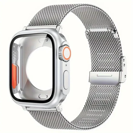 Milanese Loop Watch Band and 2-in-1 Protective PC Case for Apple Watch Series 10 SE 9 8 7 6 5 4 Stainless Steel Mesh Watch Strap 9H Tempered Glass Case for iWatch 46mm 45mm 44mm 42mm 41mm 40mm Transform for Apple Watch Ultra Watchband