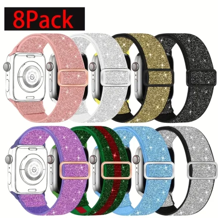 8-Pack Glittering Nylon Bands for Apple Watch, Adjustable Stretchy Straps Compatible with iWatch Series 1-10, SE, Ultra, 38-49mm, Durable & Lightweight Polyamide Material, Gradient Colors for Women
