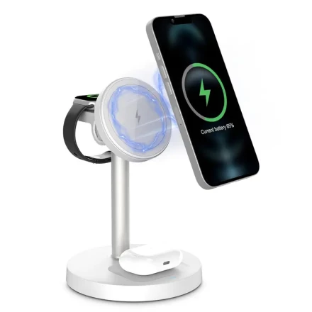 3-in-1 Magnetic Wireless Charger Stand with Heat Dissipation, Strong Magnetic Grip, Adjustable Design, Sleek Minimalist Style, For iPhone 16 15 14 13 12 11 X Pro Max & Apple Watch, for AirPods 4 3 Pro - Perfect for Office Use