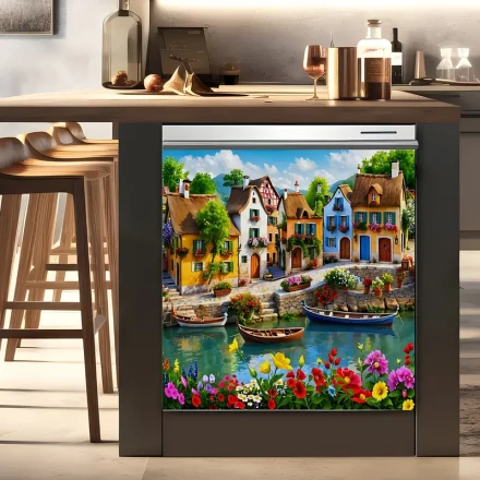 Scenic View of JI Town Harbor, Soft Magnetic Dishwasher Cover Decals for Kitchen Decoration, a Piece of Mediterranean Landscape Decorative Vinyl Sticker for Dishwasher And Refrigerator, Farmhouse Kitchen Decorative Magnetic Dishwasher Panel Sticker Measur