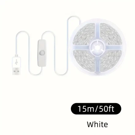 15.24meter/9.75meter/4.88meter/99.97cm USB LED Strip Lights, 5V 2835 White/Warm White LED Lights, Bring Switch Button, Flexible USB Light, Can Be Pasted, Cuttable, TV Background Lighting Tape Home Decor Lamp, For Party DIY Lighting