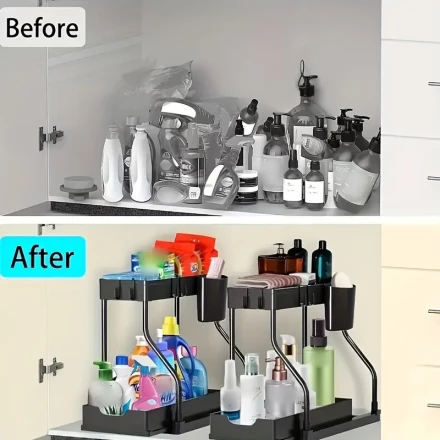 2-Tier Under Sink Organizer - Versatile Storage Rack for Kitchen & Bathroom, Durable Plastic, No Power Needed