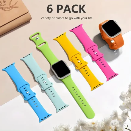 6-Pack Silicone Sport Bands Compatible with Apple Watch, Soft Water-Resistant Replacement Wristbands with Butterfly Clasp for Series 9 8 Ultra 2 SE 7 6 5 4 3 2 1 (38mm-49mm) - Assorted Colors