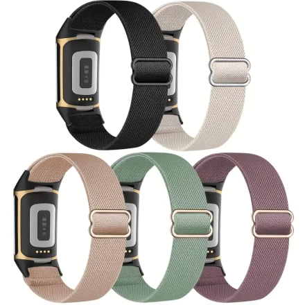 5pcs for Fitbit Charge 6 Bands - Stretchy Nylon Sport Replacement Wristbands for Fitbit Charge 5/6, Adjustable Elastic Straps in Black, Beige, Green, Brown & Purple, Waterproof & Comfortable Fit for Men and Women, Gym Straps