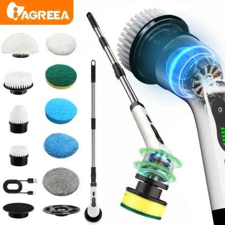IAGREEA 6010 Electric Cleaning Brush, Wireless Rotating Washer, 9/6 Replaceable Brush Heads, Adjustable Extended Handle, 360° Cordless Cleaning for Bathroom, Bathtub, Tiles, Floor, USB-C Charging Cable, 36V or Below Voltage, Rechargeable 18650 Battery, Ho