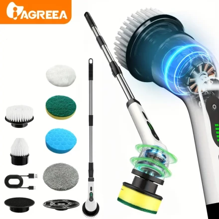 IAGREEA 6010 Wireless Electric Spin Mop with 9/6 Interchangeable Brush Heads, Adjustable Telescopic Handle, 360° Cordless Cleaning for Bathroom, Bathtub, Tile, Floor - USB Charging, ≤36V, Rechargeable 18650 Lithium Battery