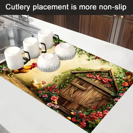 1pc Rustic Chicken Coop Polyester Anti-Slip Stove & Desktop Protective Mat - Vibrant Kitchen Decor with Rooster & Floral Design, Ideal for Home & Kitchen Decor, Kitchen Decor Mat | Vibrant Kitchen Mat | Durable Kitchen Mat, Chicken Decor
